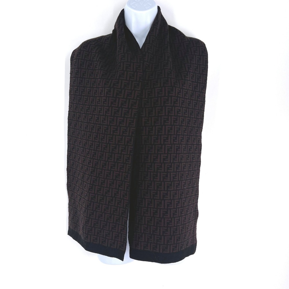 Fendi Zucca Monogram Scarf Brown Black 100% Wool Made in Italy‎ FF Logo - Picture 11 of 13